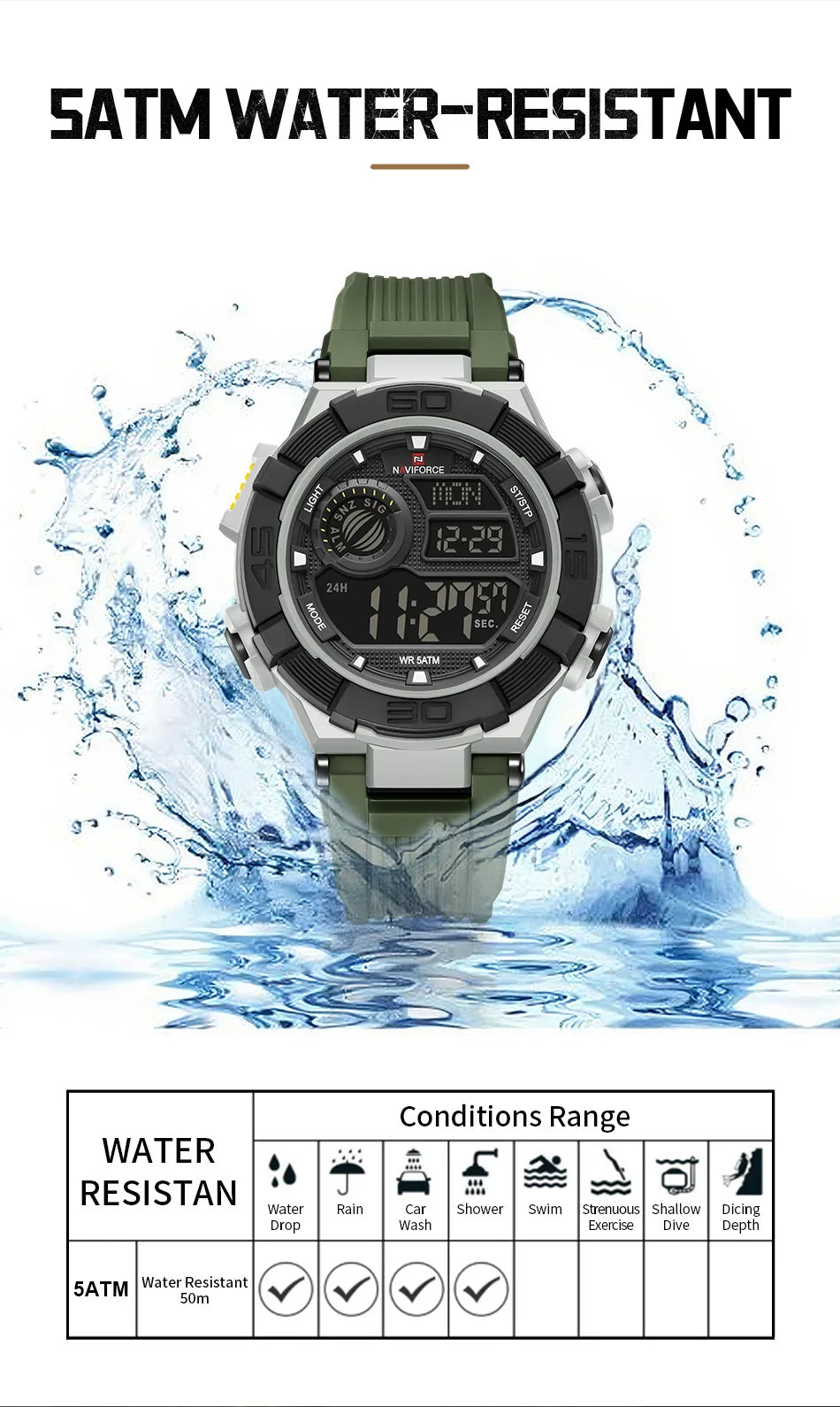NAVIFORCE Man's Watch With Date Week Display LCD Digital Lightweight 24 Hour Alarm Clock 5ATM Waterproof Male Sports Wristwatch