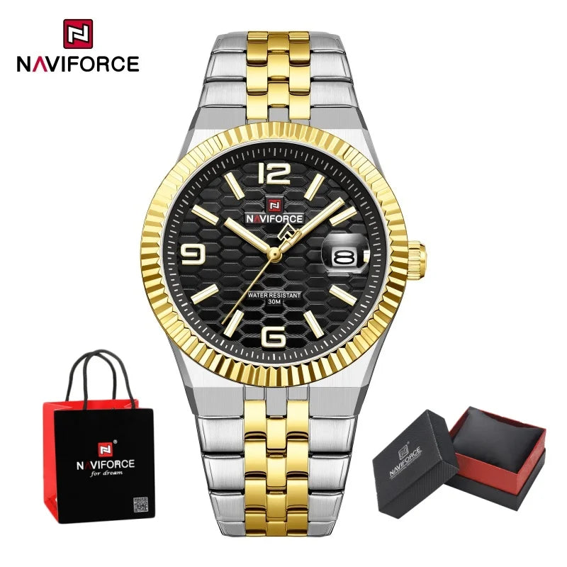 NAVIFORCE Men Watches Quartz Auto Date 3ATM Waterproof Stainless Steel Classic Male Luxury Fashion Business Wristwatch Gift Box