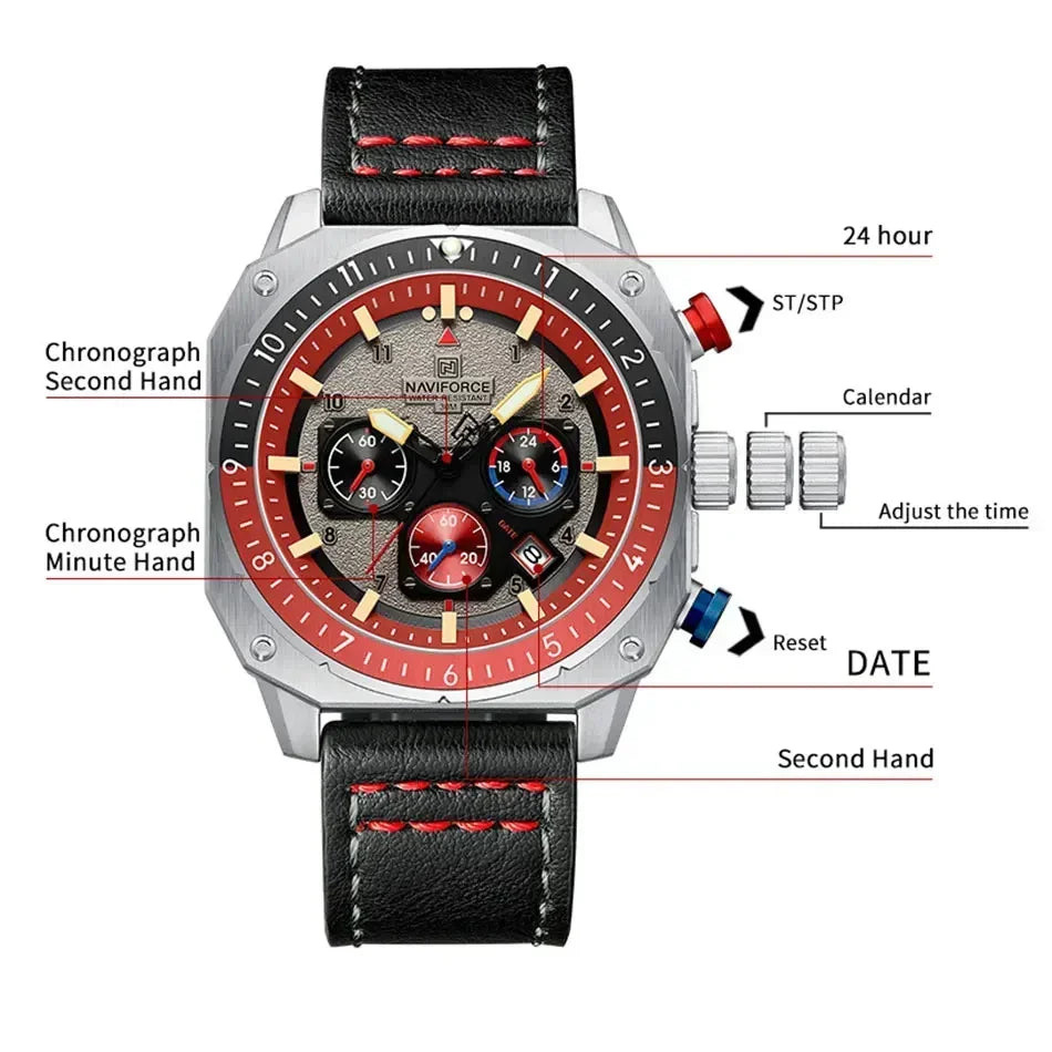 NAVIFORCE Sports Multifunction 24 Hours Date Display Waterproof Watch for Men Fashion Leather Quartz Analog Luminous Wrist Watch