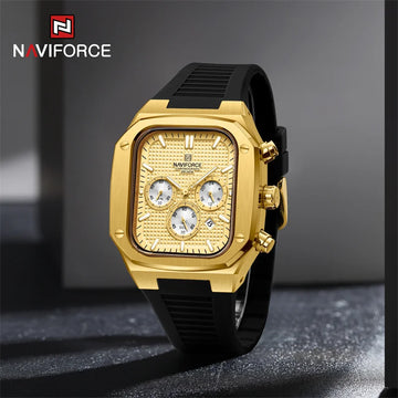 NAVIFORCE Men's Luxury Gold Watch Fashion Silicone Strap Quartz Movement Waterproof Square Wristwatch with Luminous Hands And Da