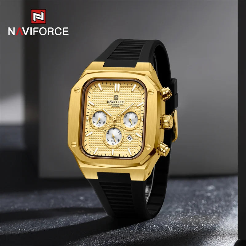 NAVIFORCE Men's Luxury Gold Watch Fashion Silicone Strap Quartz Movement Waterproof Square Wristwatch with Luminous Hands And Da
