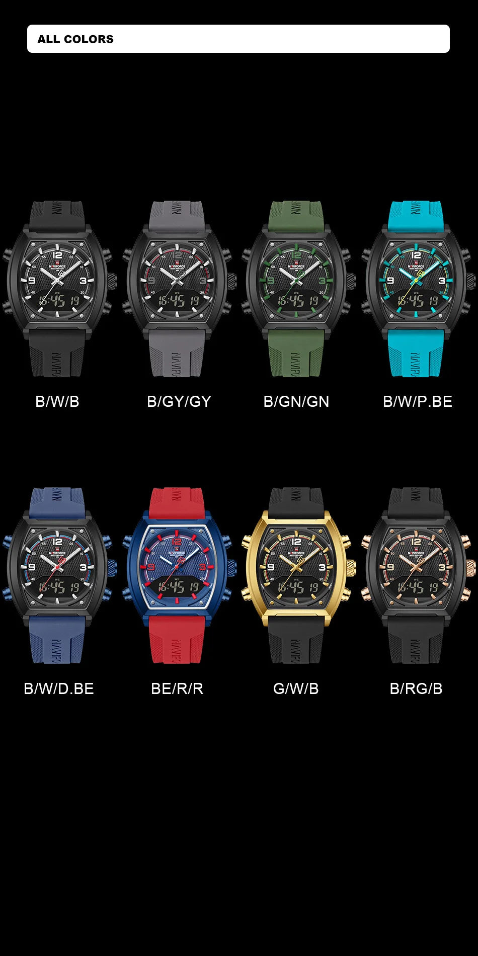 NAVIFORCE Sport Watch Waterproof Analog Dual Time Digital Wristwatches Week Display Clock Tonneau 2025 New Mens Military Watches