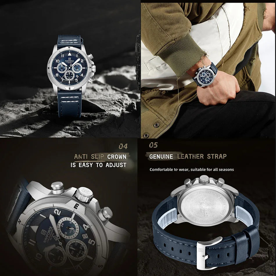 NAVIFORCE Men's Quartz Chronograph Wristwatch Multi Dial 24 Hour Clock Leather Band Modern Business Luxury Design Men Gift Watch