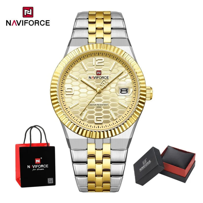 NAVIFORCE Men Watches Quartz Auto Date 3ATM Waterproof Stainless Steel Classic Male Luxury Fashion Business Wristwatch Gift Box