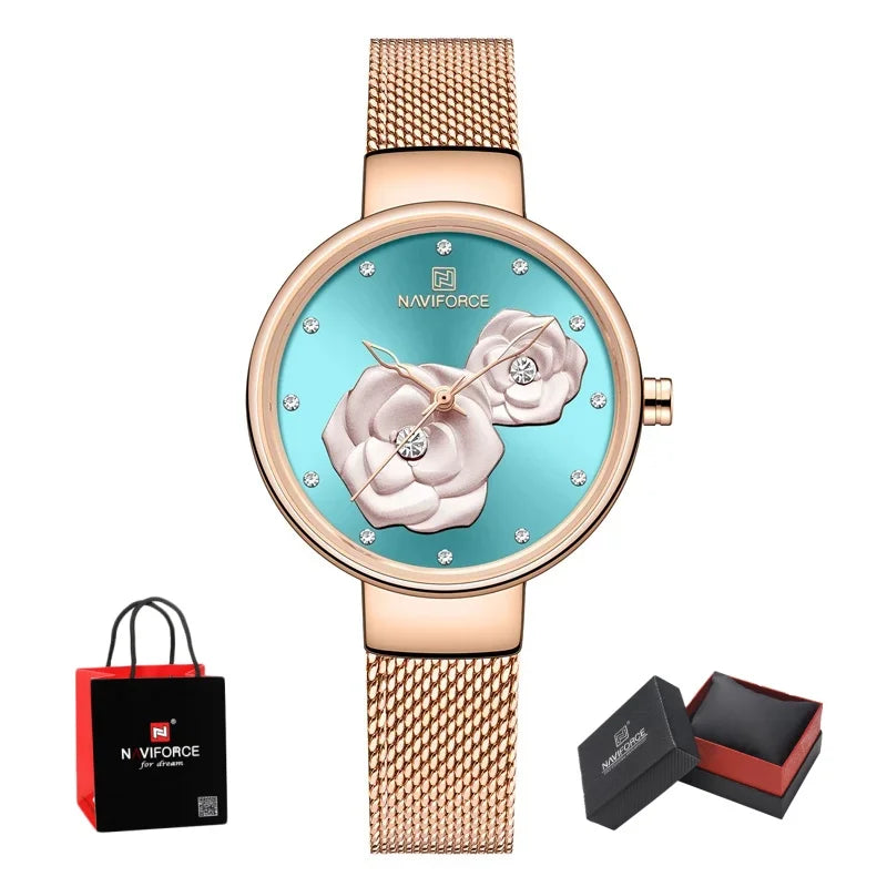 NAVIFORCE Woman's Quartz Watch Steel Band Creative Design Female Luxury Dress Clock Relogio Feminino Wristwatch Gift Box NF5013