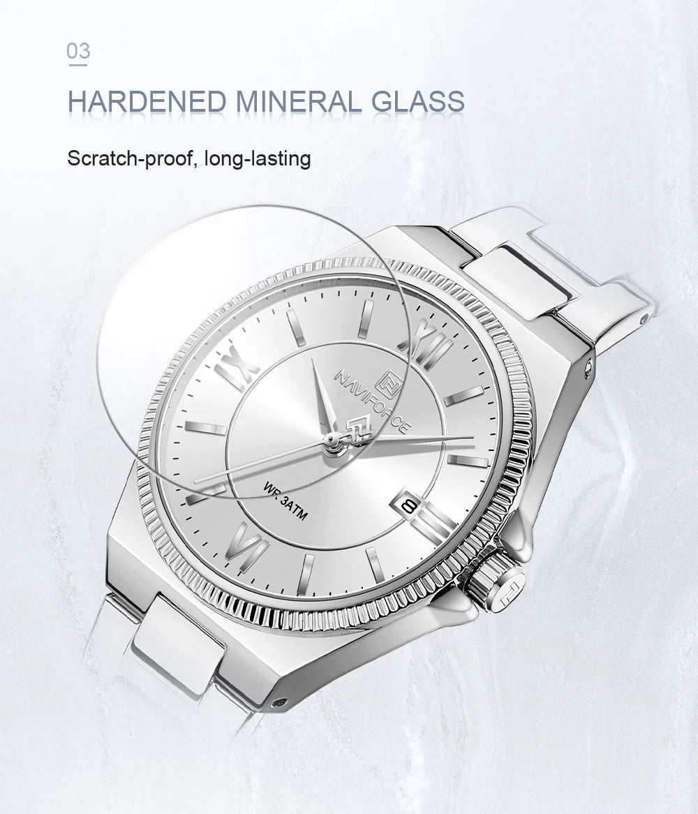 NAVIFORCE Women's Wristwatch Quartz Calendar 30M Waterproof Steel Band Fashion Daily Dress Elegant Ladies Watch Relogio Feminino