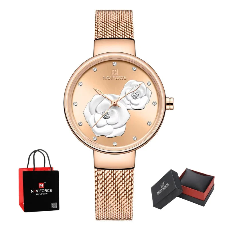 NAVIFORCE Woman's Quartz Watch Steel Band Creative Design Female Luxury Dress Clock Relogio Feminino Wristwatch Gift Box NF5013