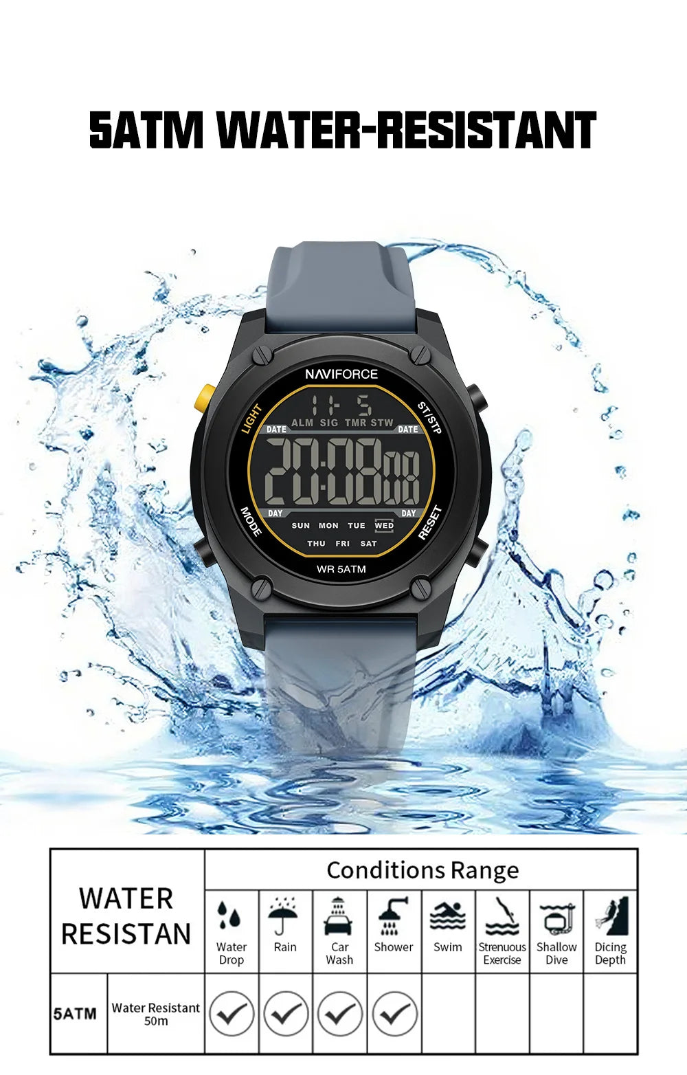 NAVIFORCE Men Digital Watch Sports Fashion Watches Waterproof 50M Man HD Electronic Screen Student Cool Alarm Display Wristwatch