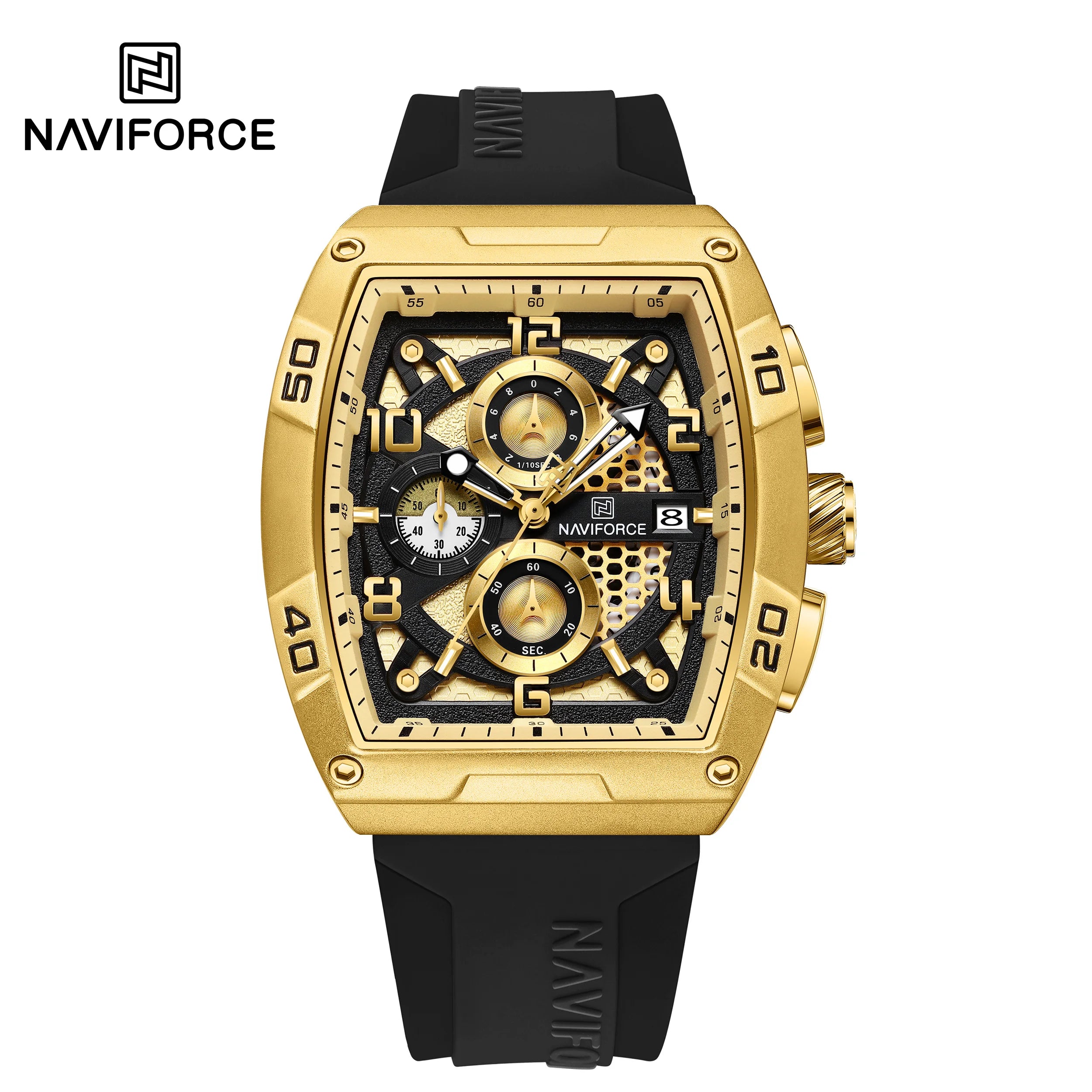 Fashion Brand NAVIFORCE  Men Gold Design Quartz Watches Casual Male  Wrist Watch Large Dia Multi-function PU Waterproof Clock