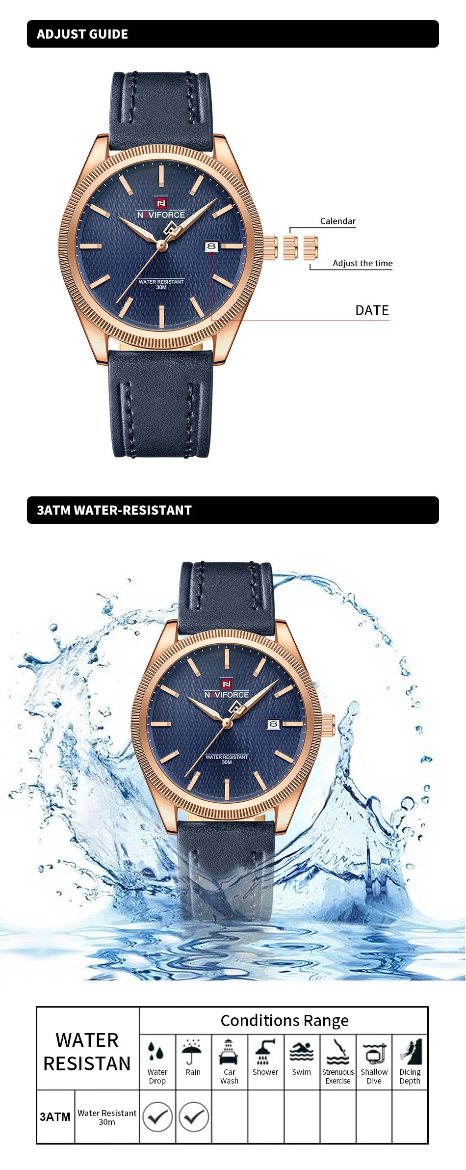 NAVIFORCE Men's Watches Fashion Genuine Leather Strap 30M Waterproof Male Quartz Wristwatches Luminous Point Date Display Clock
