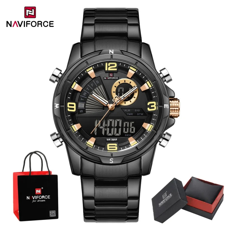 NAVIFORCE Luxury Man's Watch Quartz Chronograph Dual Display 3ATM Waterproof Military Style Sports Wristwatch Gift Box For Men