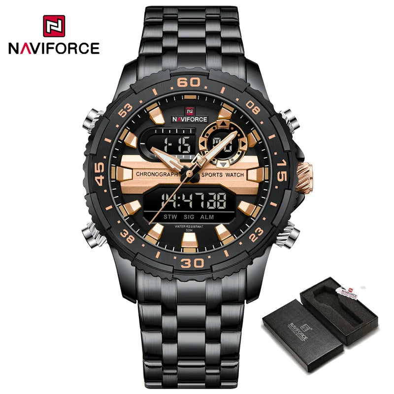 NAVIFORCE Men's Sports Alarm Watch Waterproof Chronograph Quartz Movement Steel Band Digital Date Week Display Wristwatches Gift