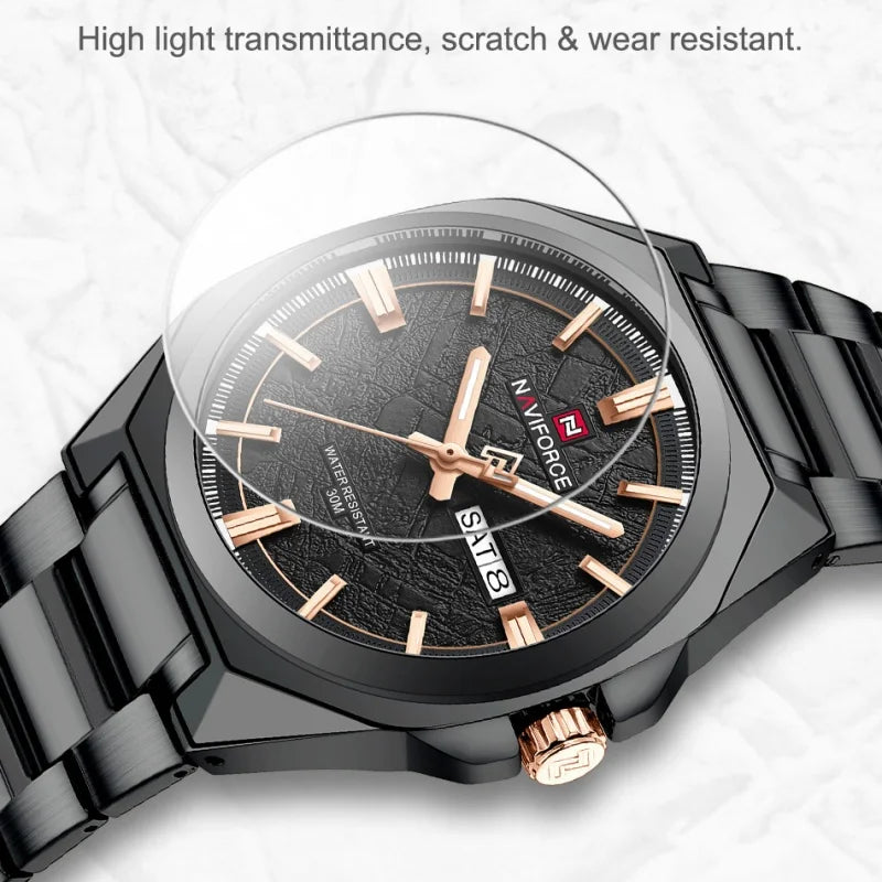 NAVIFORCE Male Quartz Stylish Wristwatch Date Week Display Waterproof Luminous Steel Band Man's Clock Luxury Wristwatch Gift Box