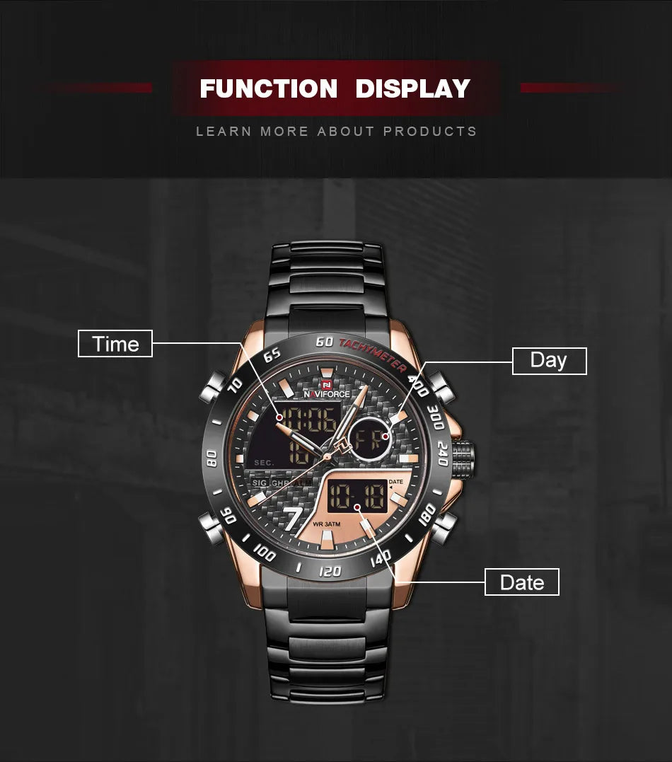 NAVIFORCE Watches for Men Quartz Dual Display Luminous Stainless Steel Strap Male Normal Business Wristwatch Father's Day Gifts