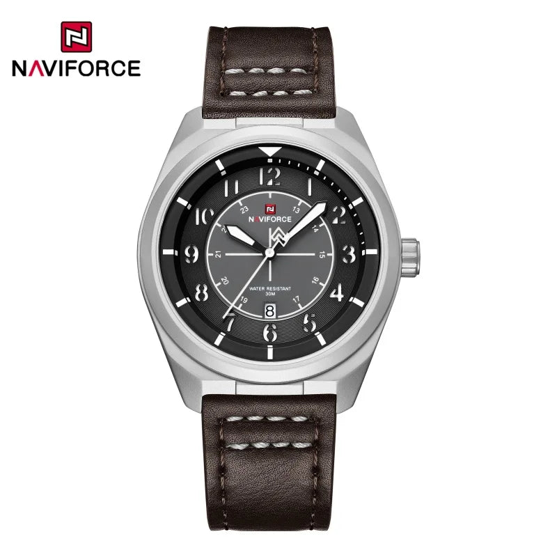 NAVIFORCE Simple Men Quartz Calendar Watch 3ATM Waterproof Genuine Leather Strap Business Casual Fashion Mature Style Wristwatch