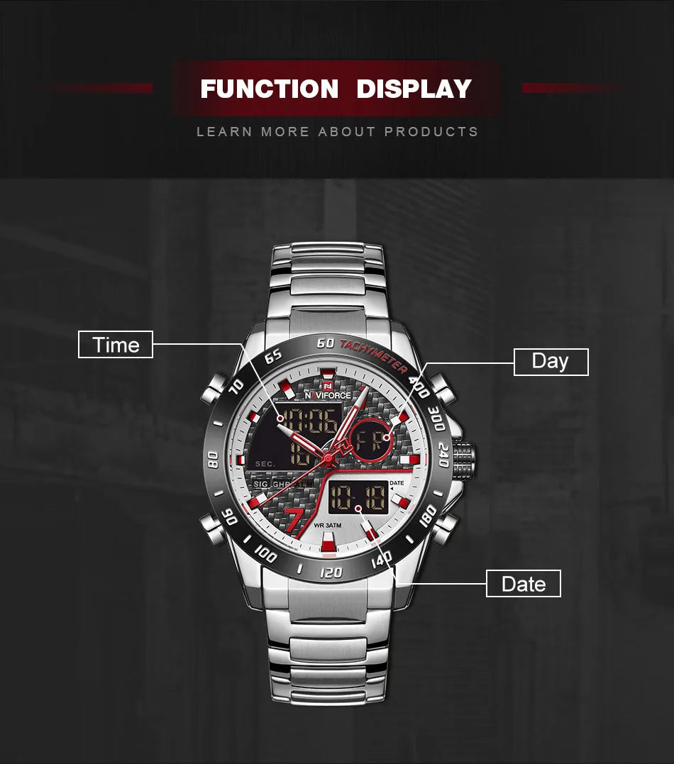 NAVIFORCE Man's Quartz Watch Dual Display Luminous Stainless Steel Strap Male Fashion Business Father's Day Wristwatch Gifts Box