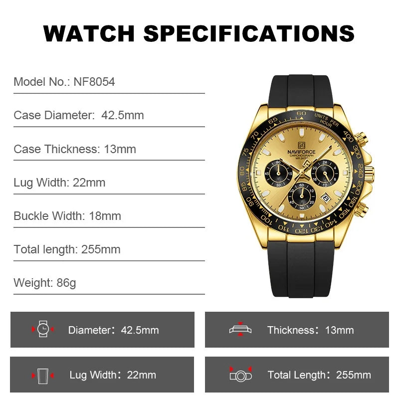NAVIFORCE Brand Fashion Luxury Watch For Men Waterproof Chronograph Clock Business Casual Silicone Strap Wristwatches 2024 New