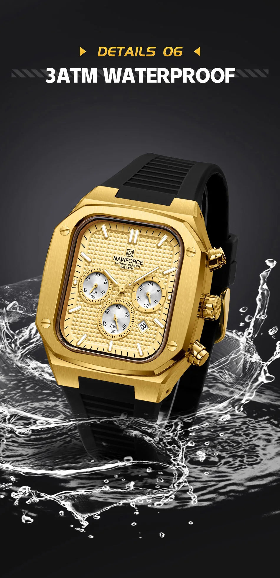 NAVIFORCE Men's Luxury Gold Watch Fashion Silicone Strap Quartz Movement Waterproof Square Wristwatch with Luminous Hands And Da