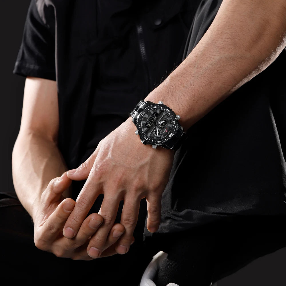 NAVIFORCE Men's Watch Quartz Analog LCD Digital Wristwatch Male Stainless Steel Strap Water Resistant Date Clock Package Gifts
