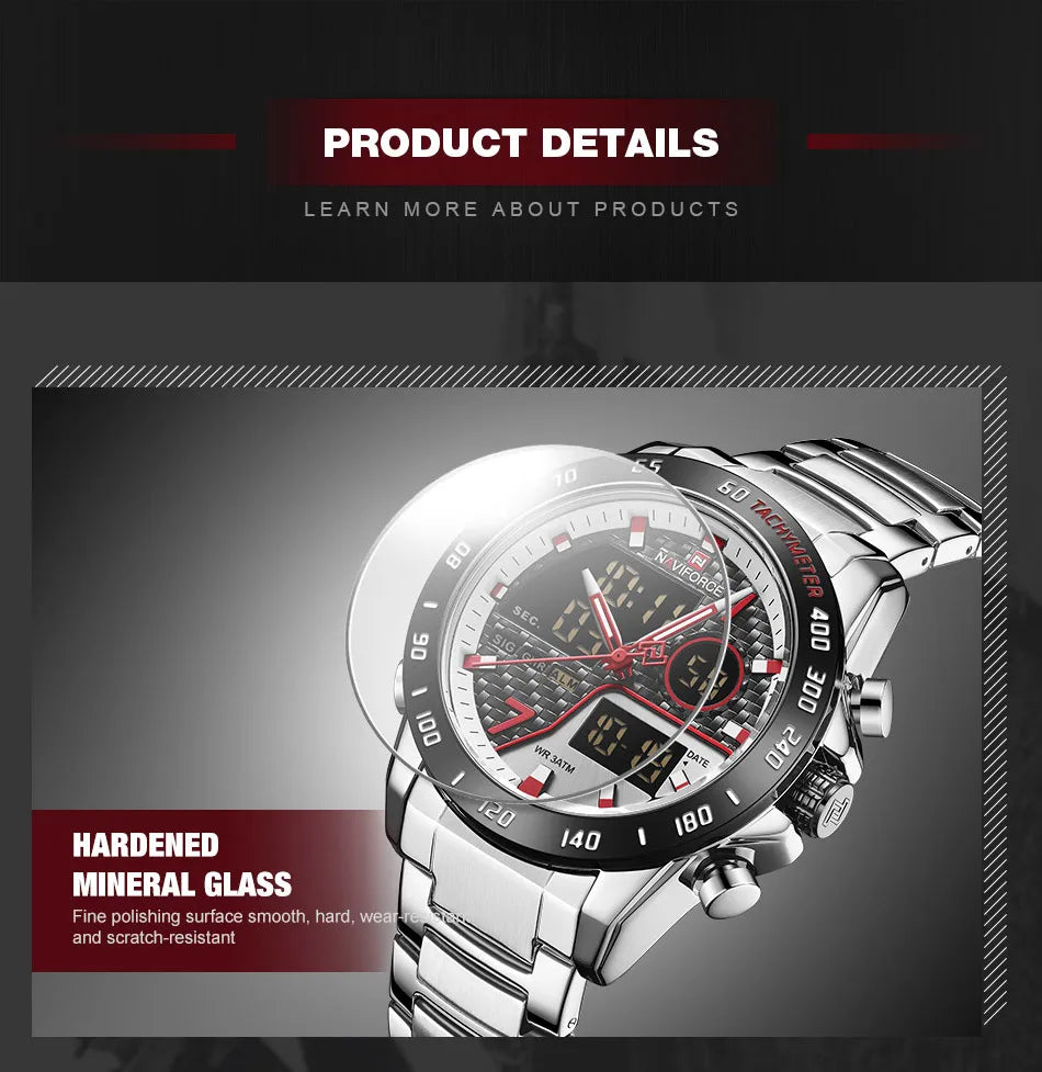 NAVIFORCE Man's Quartz Watch Dual Display Luminous Stainless Steel Strap Male Fashion Business Father's Day Wristwatch Gifts Box