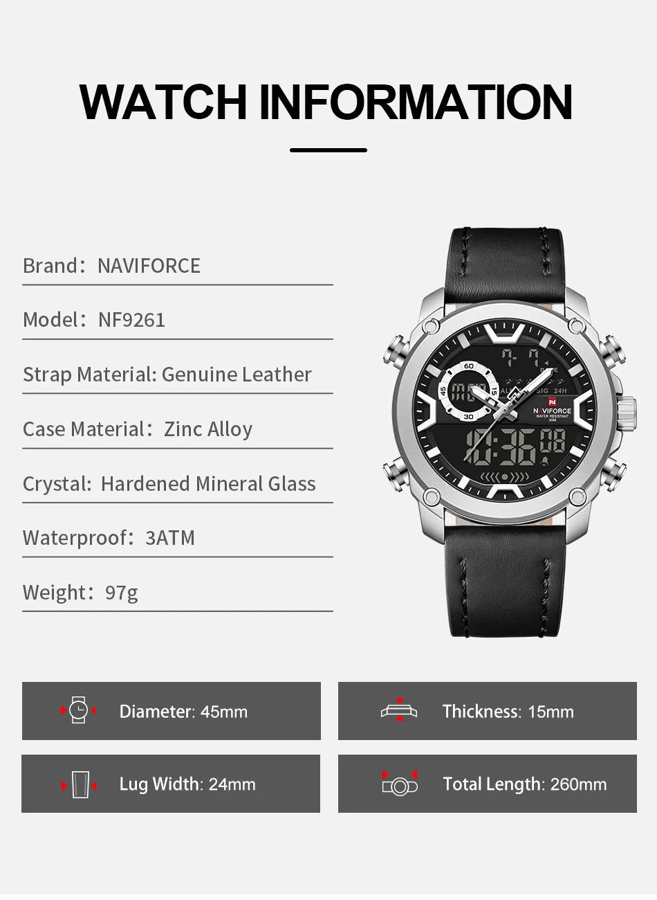NAVIFORCE Man's Watch Quartz Dual Display Waterproof Leather Strap Alarm Male Simple Fashion Business Casual Wristwatch Gift Box