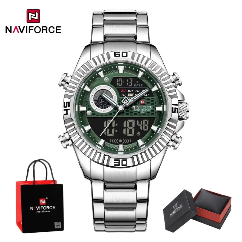 NAVIFORCE Men Watches Quartz Dual Display Waterproof Stainless Steel Male Luxury Fashion Business Outdoor Wristwatch Gifts Box
