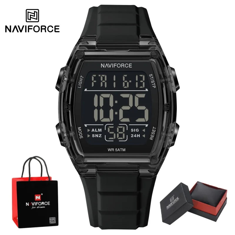NAVIFORCE Men's Stylish Daily Wear Watch LCD Digital 5ATM Waterproof Date Week Display Male Sports Outdoor Wristwatch Gifts Box