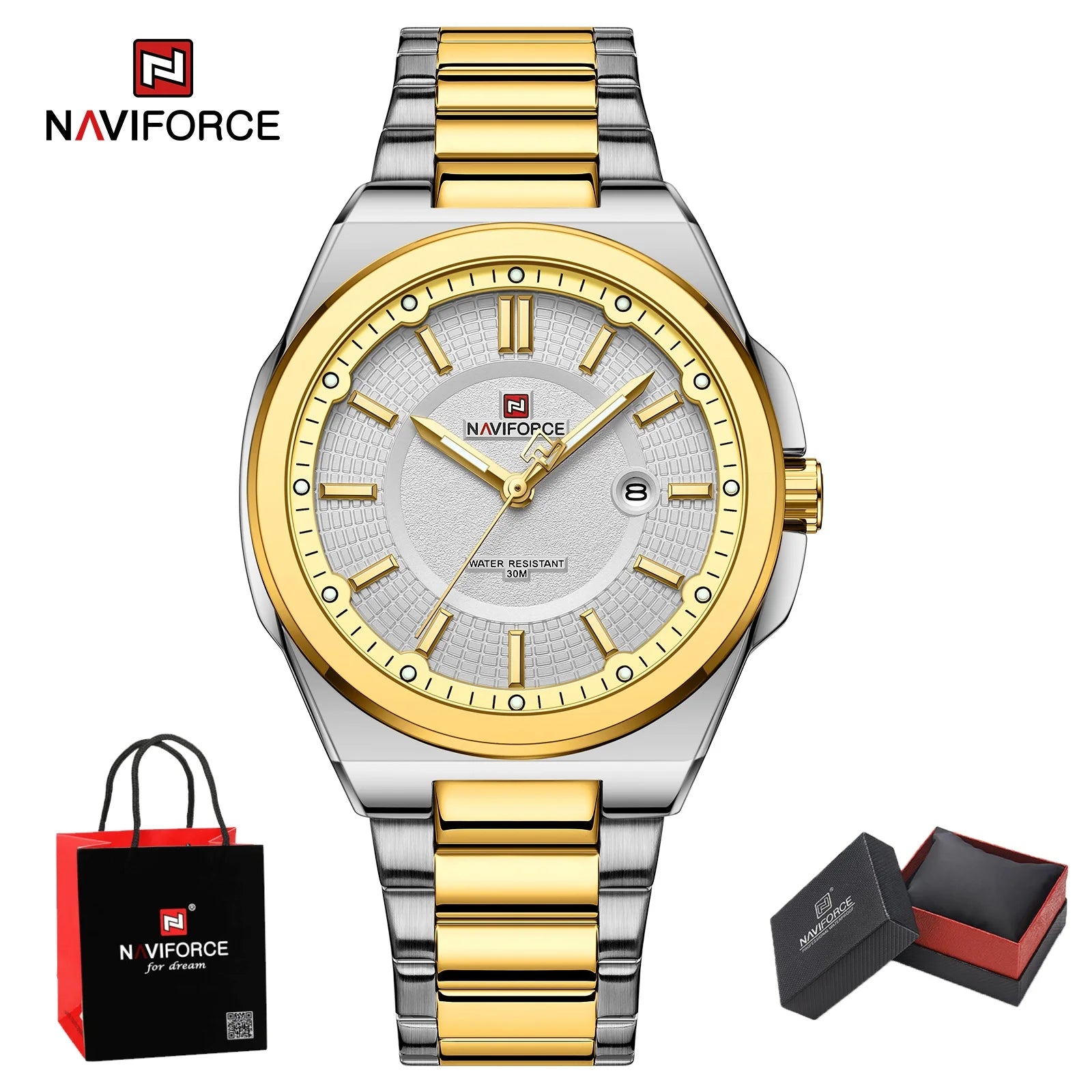 NAVIFORCE Men's Watch Stainless Steel Strap Military Casual Business Quartz Waterproof Calendar Clock with Gift Box