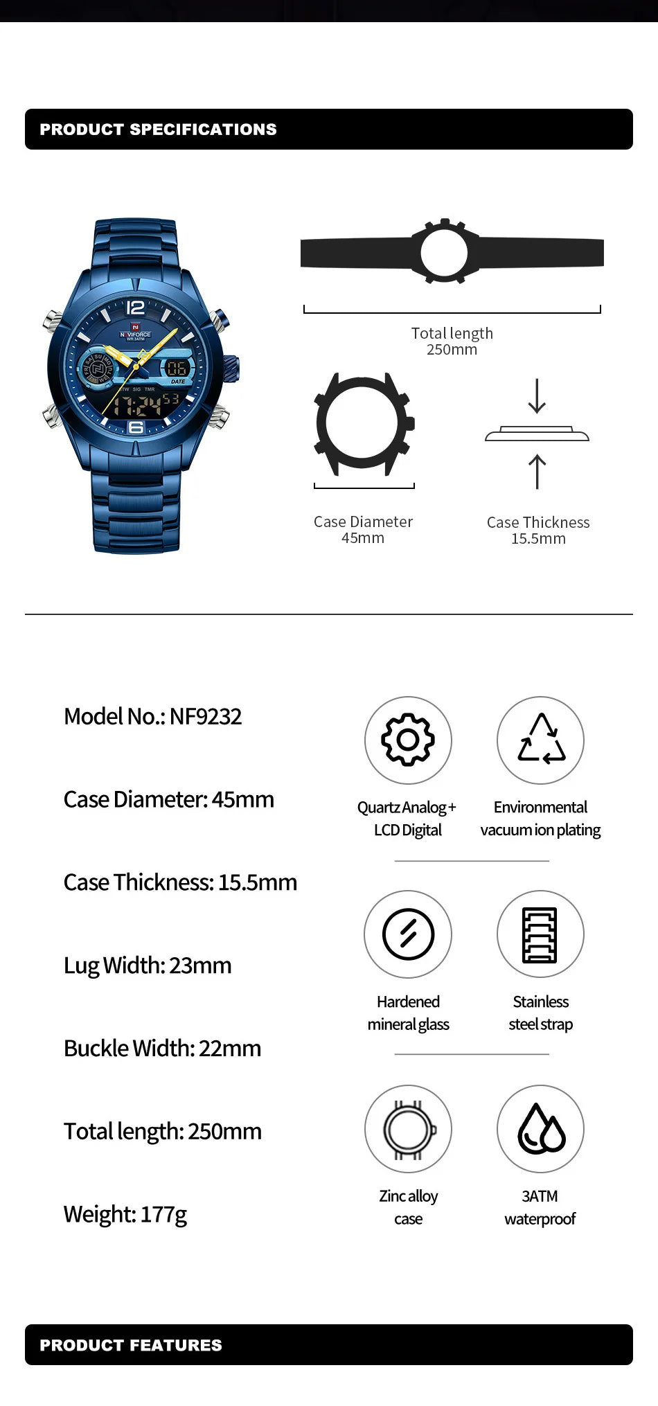 NAVIFORCE Design Watch For Men Luxury Waterproof Sport Calendar Quartz Wristwatches Dual Display Chronograph Clock Reloj Hombre