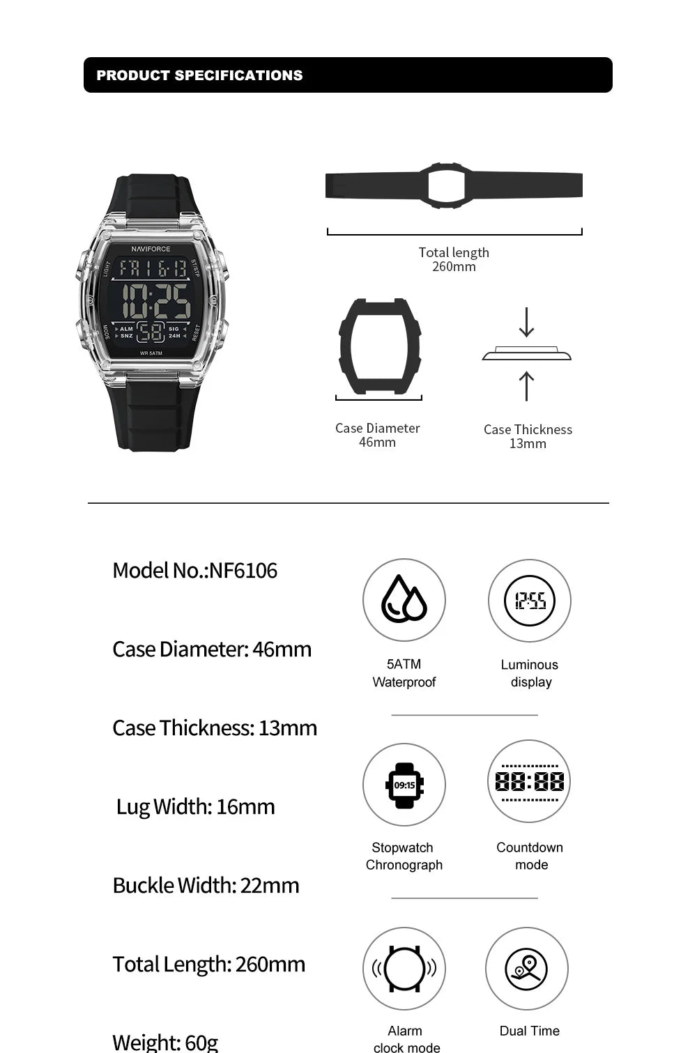 NAVIFORCE Luxury LCD Digital Sport Watches For Men Luxury Casual Alarm Clock 50M Waterproof Silicone Band Electronic Wristwatch