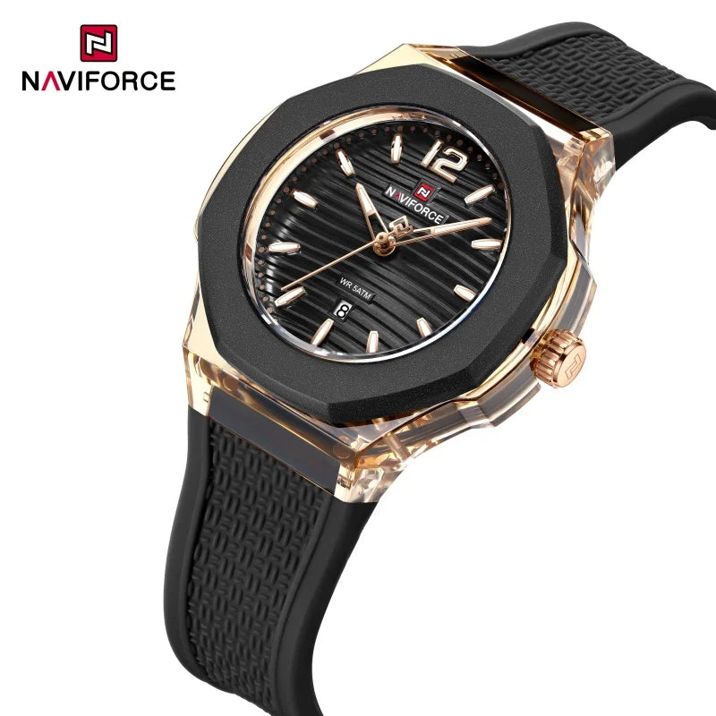 NAVIFORCE Fashion Watch for Women 5ATM Waterproof Silicone Strap Auto Date Display Night Illumination Ladies Elegant Watch Gift