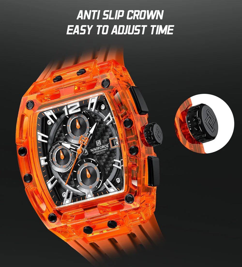 NAVIFORCE Men's Quartz Watch Multifunctional Colorful Chronograph Top Brand Silicone Strap 5ATM Waterproof Tonneau Wristwatches