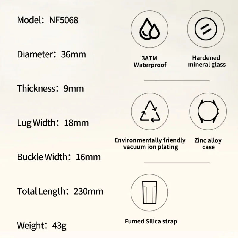NAVIFORCE Top Brand Women's Quartz Watch Silicone Strap Fashionable Wristwatch Comfortable Girls Simple Gift Clock Box NF5068