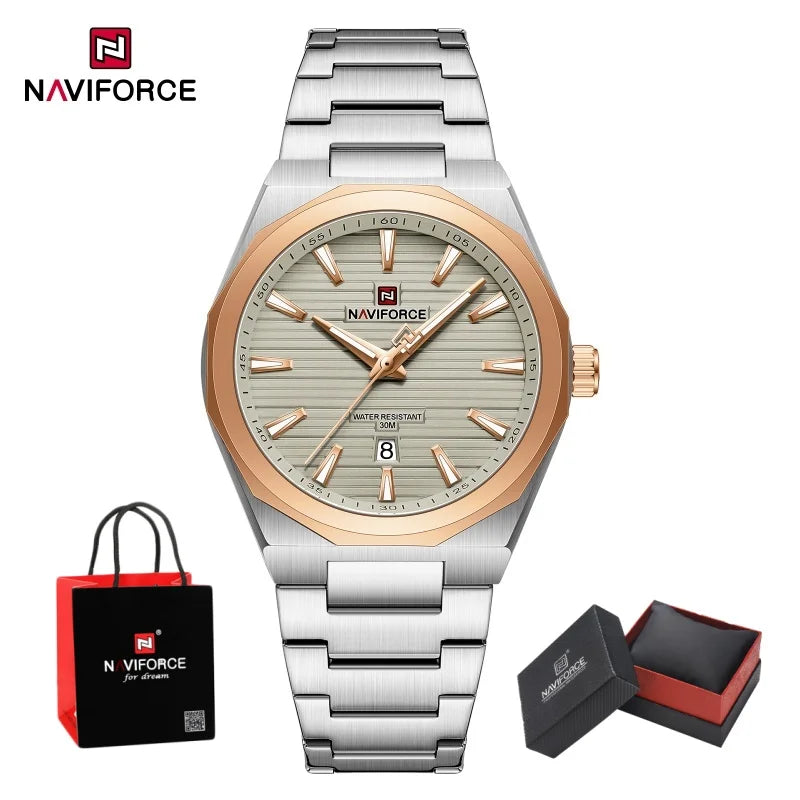 NAVIFORCE Luxury Man's Watch Quartz Date Display Clock Steel Band Fashionable Casual Military Style Wristwatch Gift Box for Male
