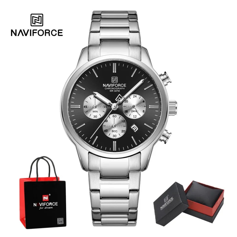 NAVIFORCE 2026 Man's Watch Quartz Chronograph 30M Waterproof Date Display Steel Band Male Fashionable Luxury Wristwatch Gift Box