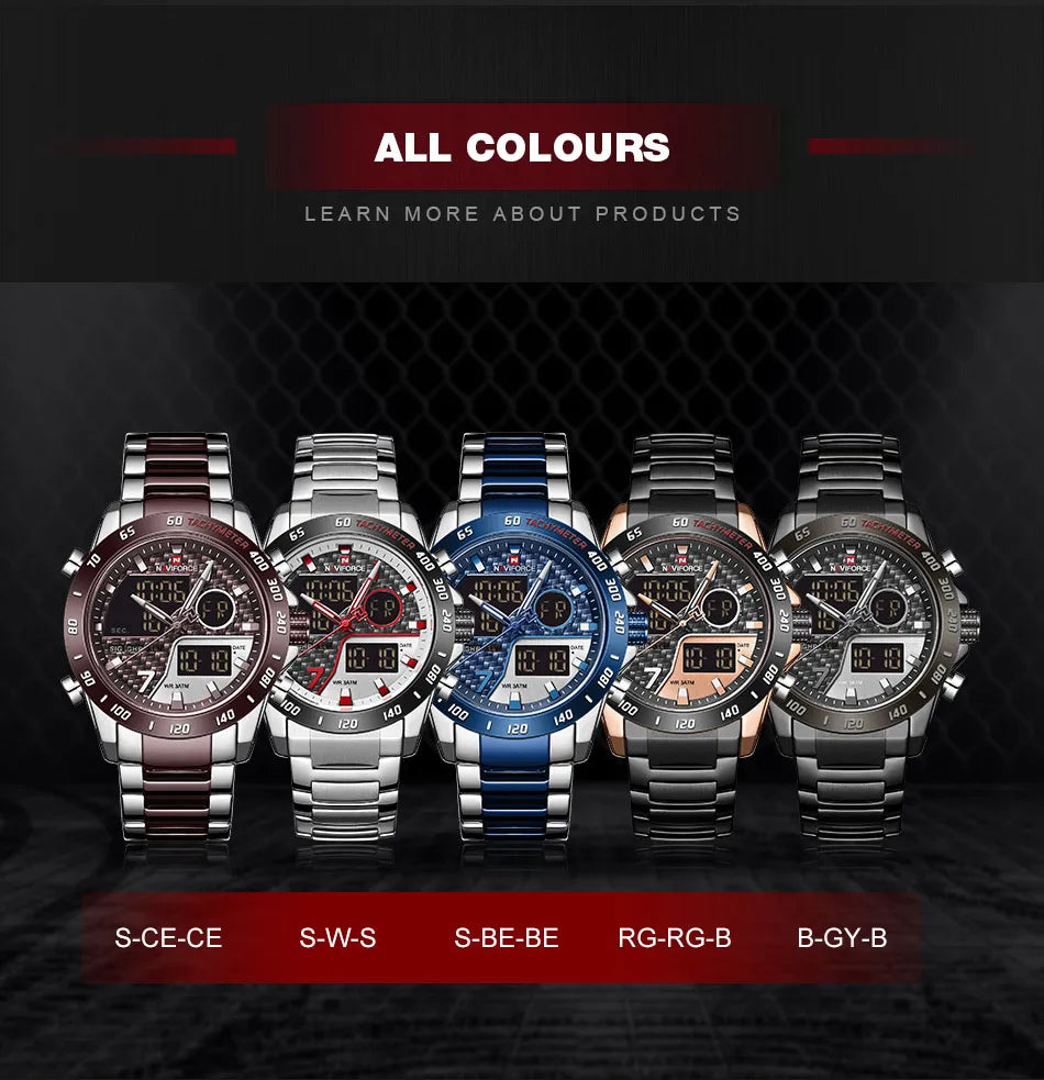 NAVIFORCE Male Quartz Dual Display Clocks Waterproof Luminous Stainless Steel Strap Watches Men Mature Style Wristwatch Gift Box