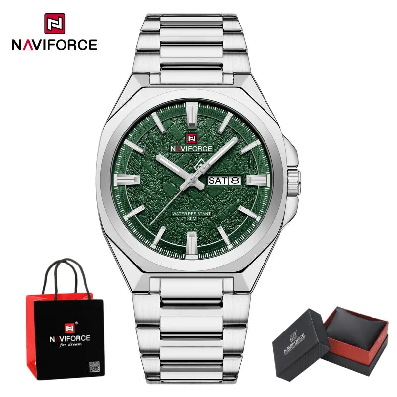 NAVIFORCE Male Quartz Stylish Wristwatch Date Week Display Waterproof Luminous Steel Band Man's Clock Luxury Wristwatch Gift Box