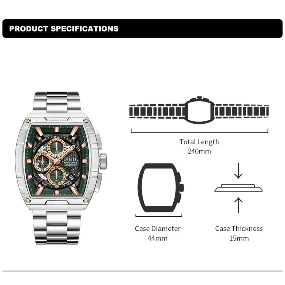 NAVIFORCE Quartz Watch for Men Fashion Waterproof Luminous Chronograph Wristwatch Auto Date Stainless Steel Strap Clock Gift