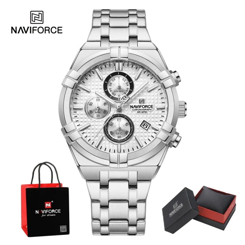 NAVIFORCE Original Watches for Man Waterproof Quartz Chronograph Luminous Stainless Steel Father's Day Male Wristwatch Gift Box