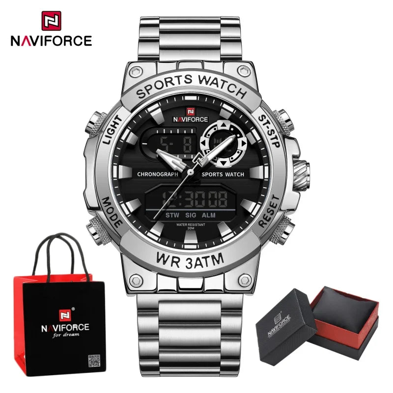 NAVIFORCE Men Watch Stopwatch Dual Time Display Men's Watch Fashion Sport Watch Stainless Steel Strap Waterproof  Package Gifts