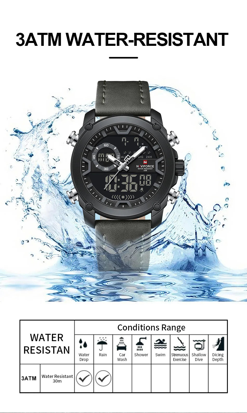 NAVIFORCE Men Watch Business Casual Fashion Dual Display Sport Genuine Strap Alarm Mode Quartz Wristwatch Man Waterproof Watch