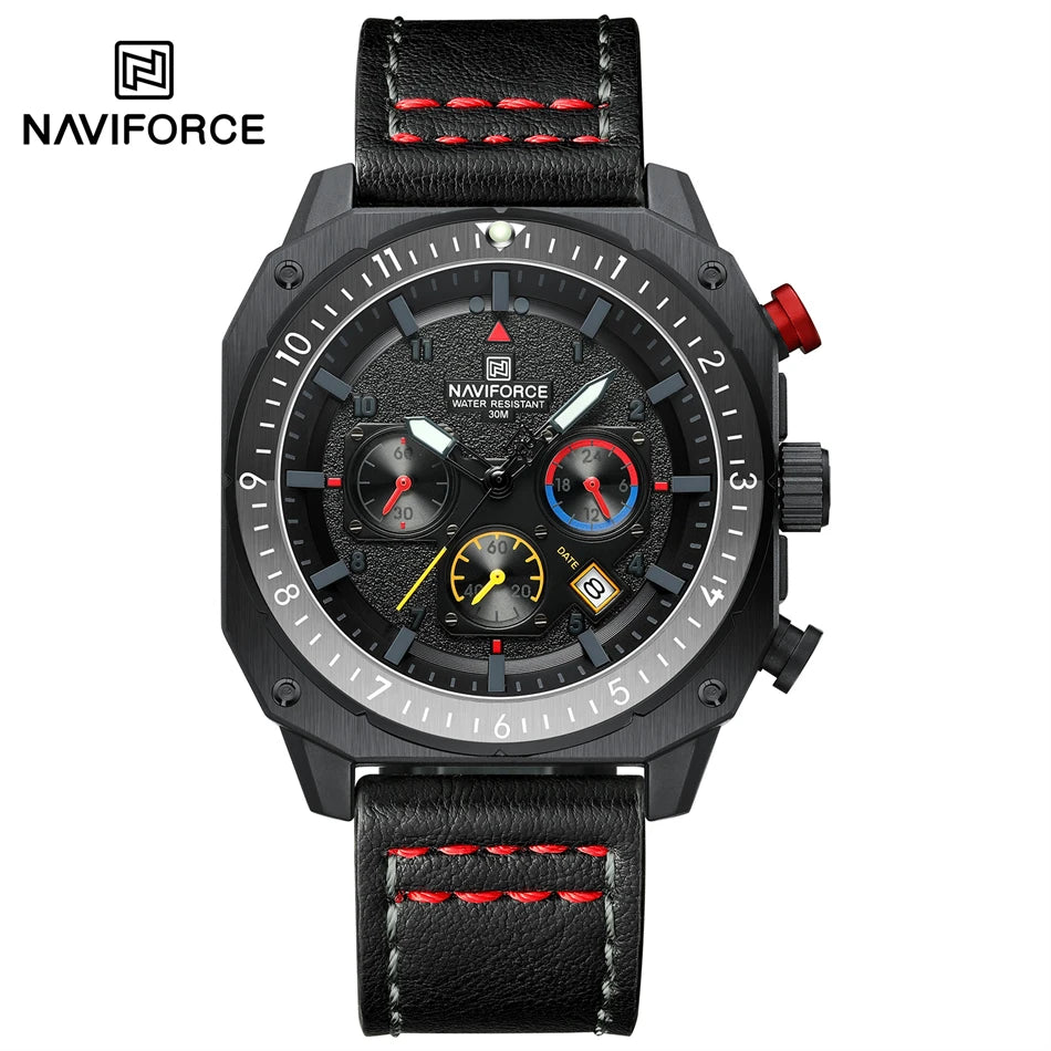 NAVIFORCE Sports Multifunction 24 Hours Date Display Waterproof Watch for Men Fashion Leather Quartz Analog Luminous Wrist Watch