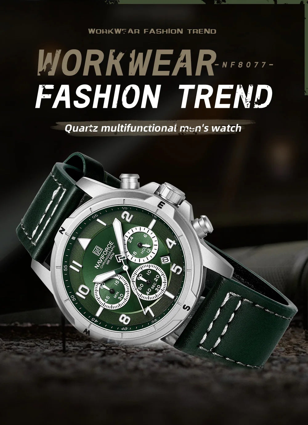NAVIFORCE Classic Men Quartz Chronograph Watch 3ATM Waterproof Date Display Leather Strap Business Wristwatch Gift Box for Male