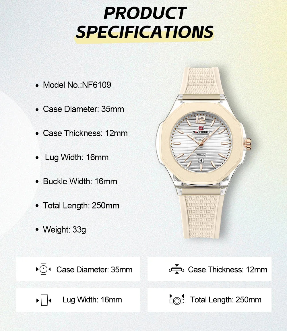 NAVIFORCE Woman Watch Silicone Band Waterproof Elegant Ladies Date Display Wristwatch Luxury Original Quartz Watches for Women