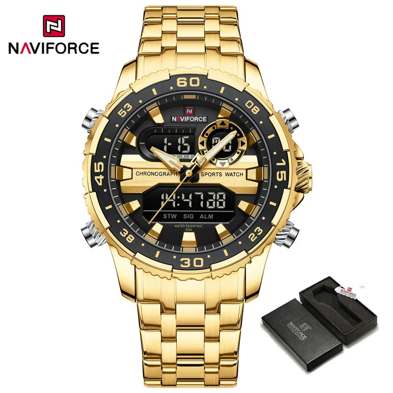 NAVIFORCE Men's Sports Alarm Watch Waterproof Chronograph Quartz Movement Steel Band Digital Date Week Display Wristwatches Gift