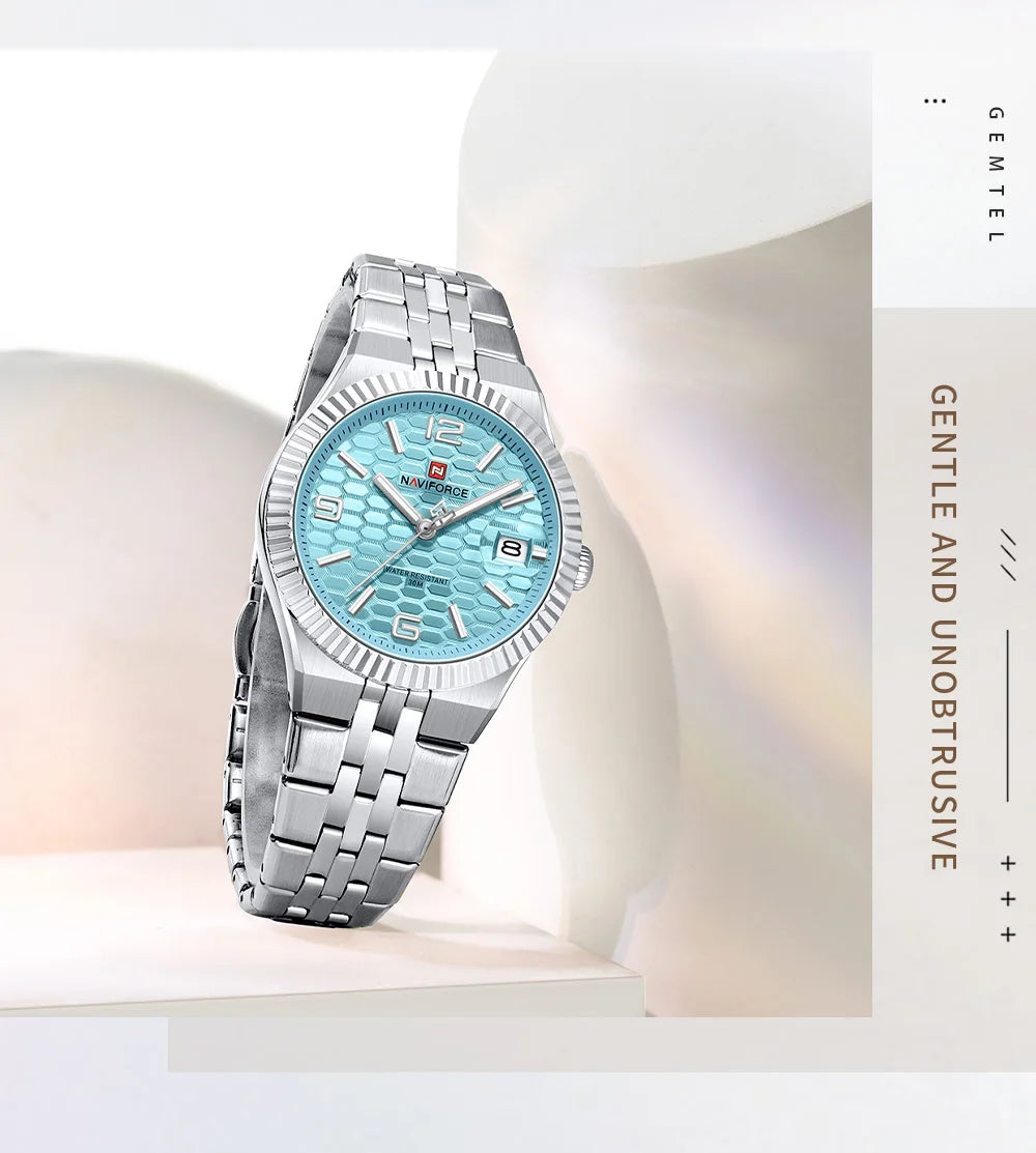 NAVIFORCE Luxury Women Quartz Calendar Watch 30M Waterproof Luminous Steel Strap Female Casual Girls Fashion Wristwatch Gift Box