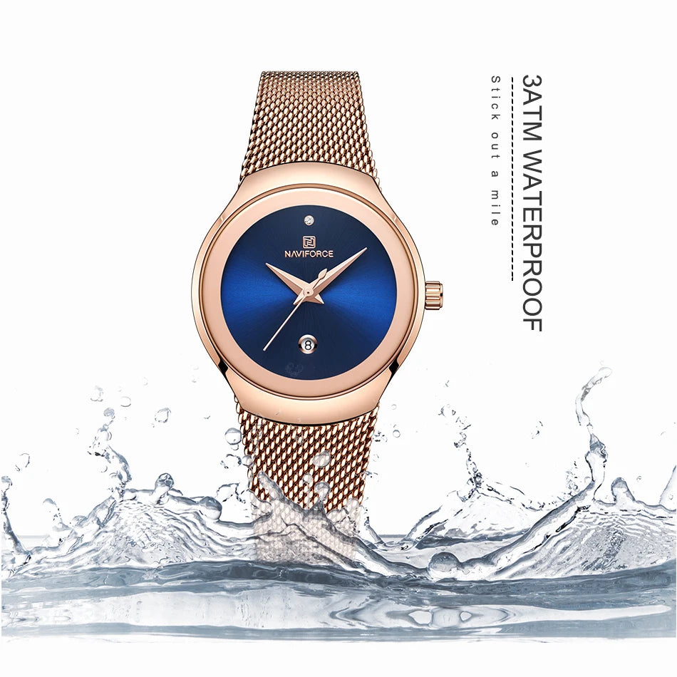 NAVIFORCE Women's Simple Quartz Watches 30M Waterproof Auto Date Steel Strap Female Casual Fashion Daily Use Wristwatch Gift Box