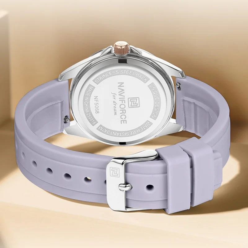 NAVIFORCE Top Brand Women's Quartz Watch Silicone Strap Fashionable Wristwatch Comfortable Girls Simple Gift Clock Box NF5068
