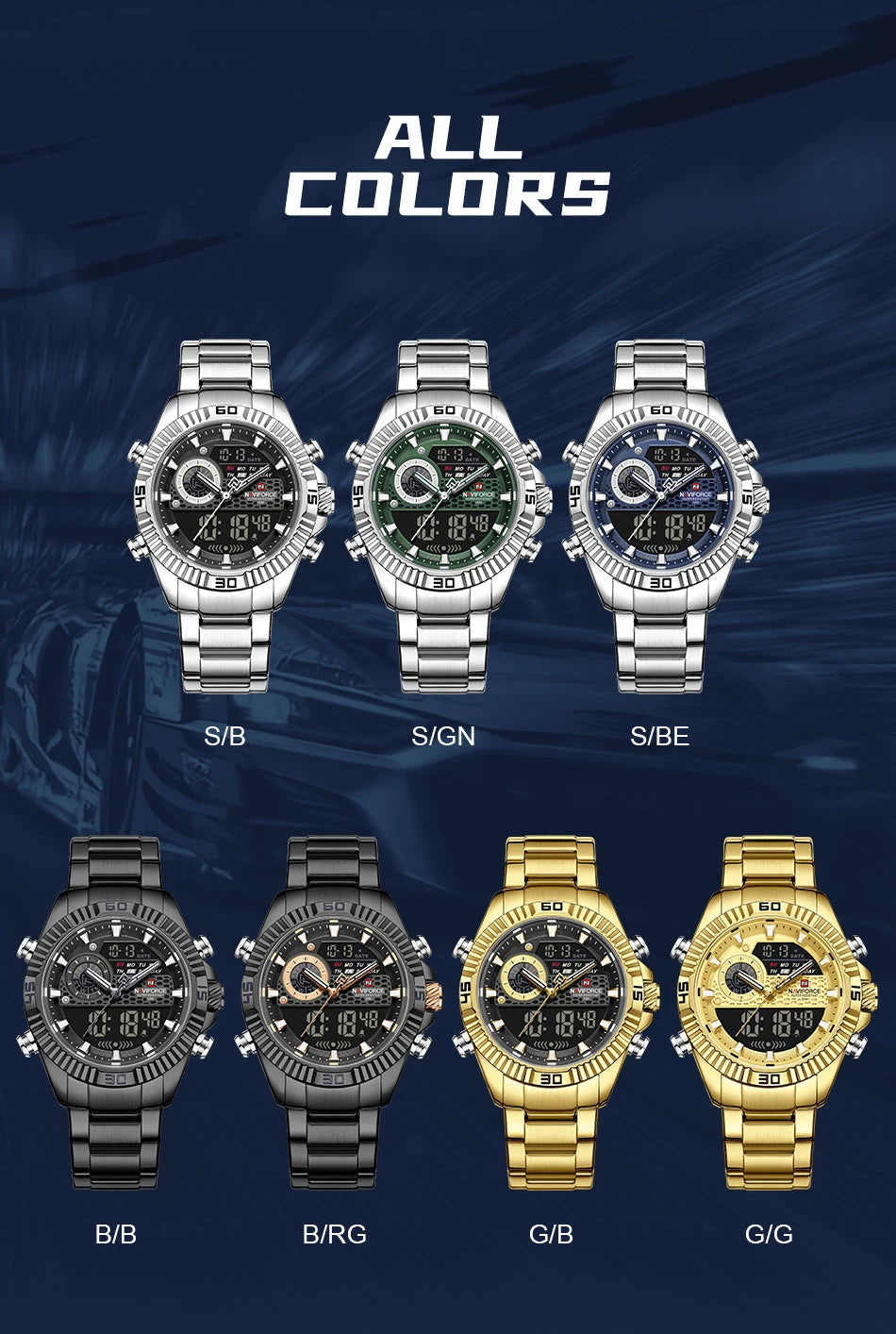 NAVIFORCE Men Watches Quartz Dual Display Waterproof Stainless Steel Male Luxury Fashion Business Outdoor Wristwatch Gifts Box