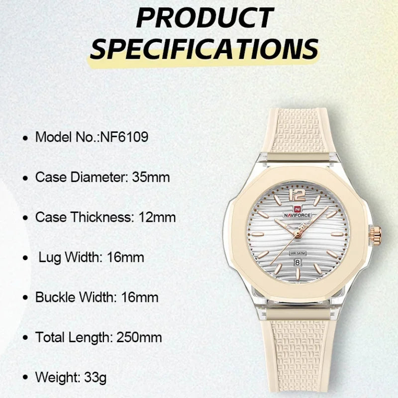 NAVIFORCE Woman Watch Silicone Band Waterproof Elegant Ladies Date Display Wristwatch Luxury Original Quartz Watches for Women